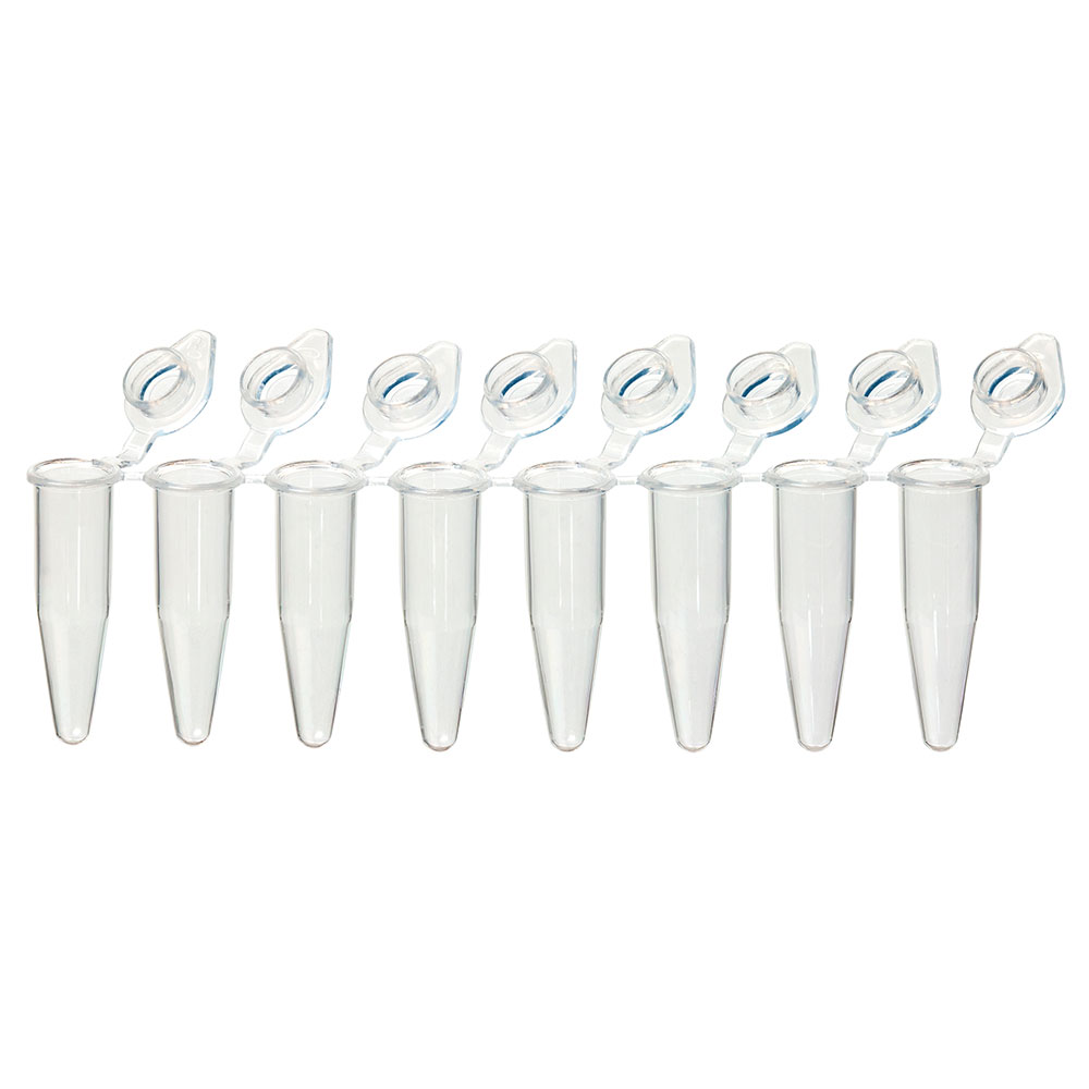 Globe Scientific QuickSnap 0.2mL 8-Strip Tubes, with Individually-Attached Flat Caps, Clear 